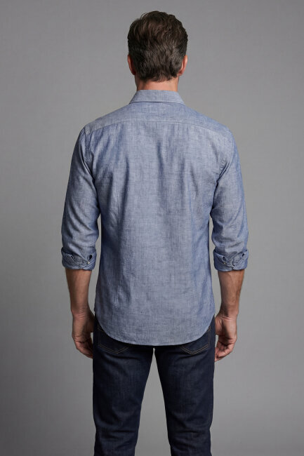 Regular Fit Uzun Kol Keten Paşa Yaka İndigo Erkek Gömlek - 2