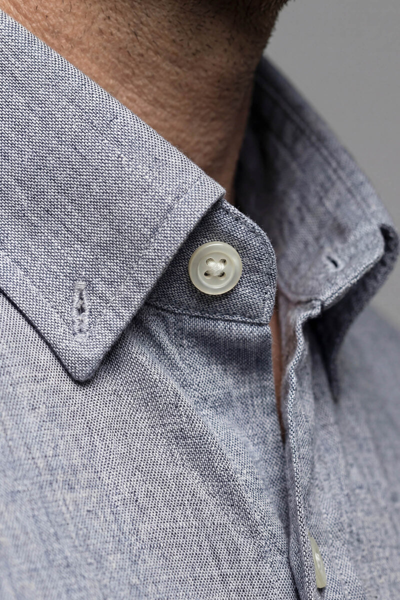 Regular Fit Uzun Kol Keten Paşa Yaka İndigo Erkek Gömlek - 3