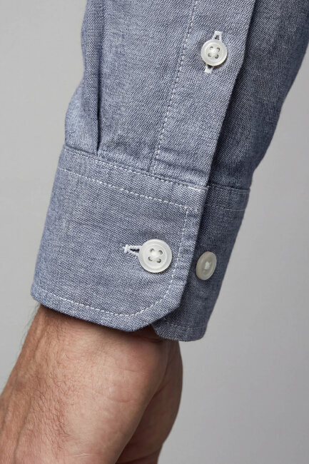 Regular Fit Uzun Kol Keten Paşa Yaka İndigo Erkek Gömlek - 4
