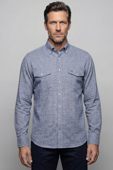 Regular Fit Uzun Kol Keten Paşa Yaka İndigo Erkek Gömlek 