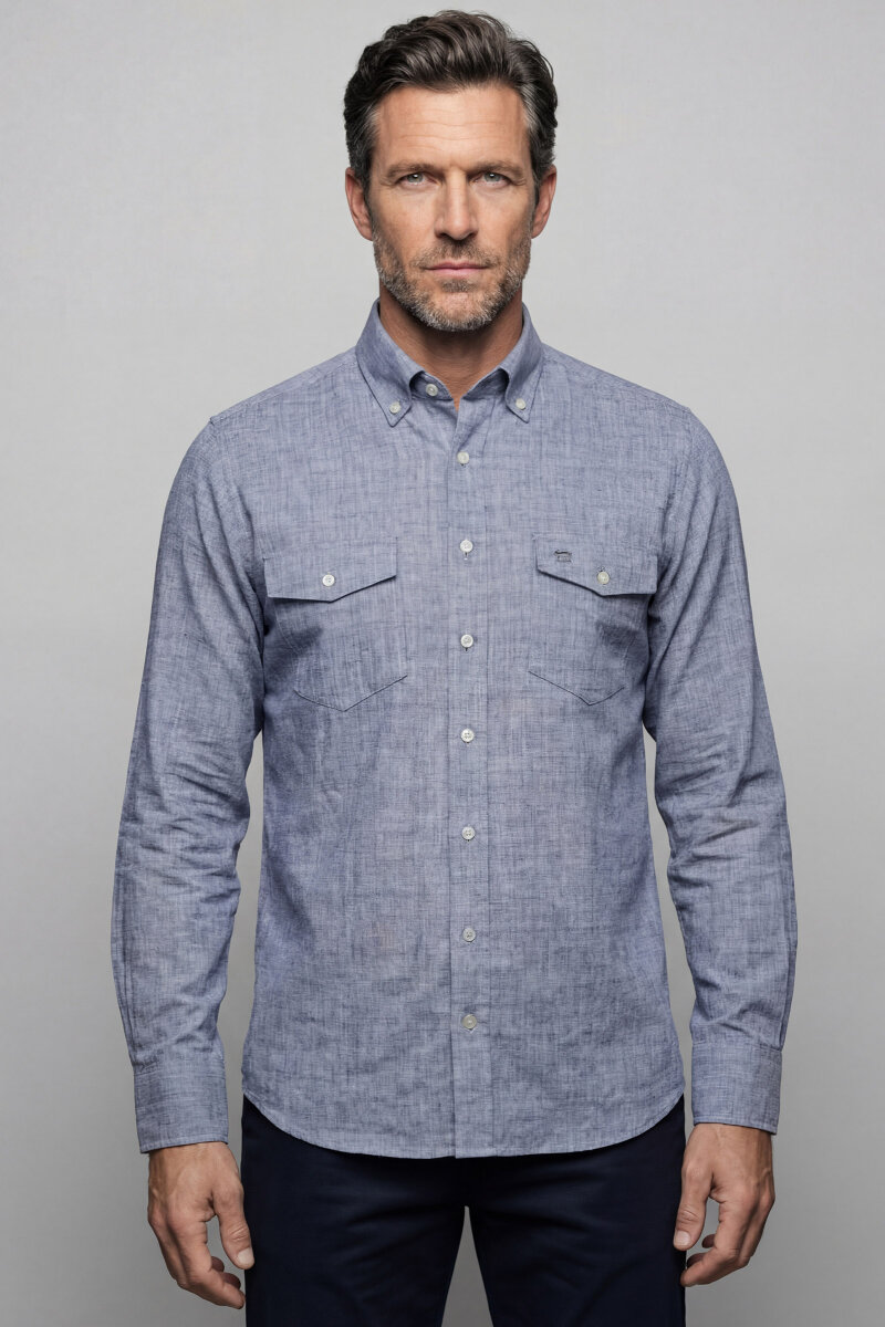 Regular Fit Uzun Kol Keten Paşa Yaka İndigo Erkek Gömlek - 1
