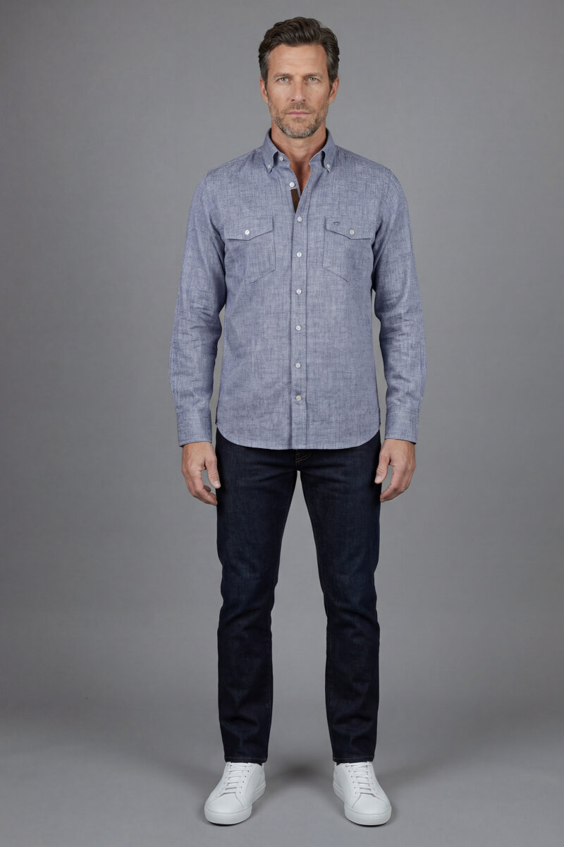 Regular Fit Uzun Kol Keten Paşa Yaka İndigo Erkek Gömlek - 6