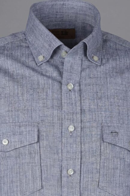 Regular Fit Uzun Kol Keten Paşa Yaka İndigo Erkek Gömlek - 5