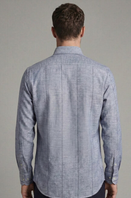 Regular Fit Uzun Kol Keten Paşa Yaka Lacivert Erkek Gömlek - 2