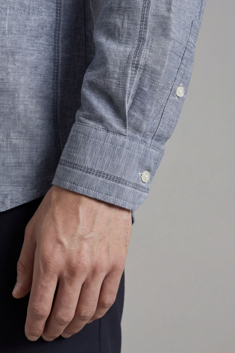 Regular Fit Uzun Kol Keten Paşa Yaka Lacivert Erkek Gömlek - 3