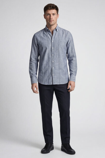 Regular Fit Uzun Kol Keten Paşa Yaka Lacivert Erkek Gömlek 