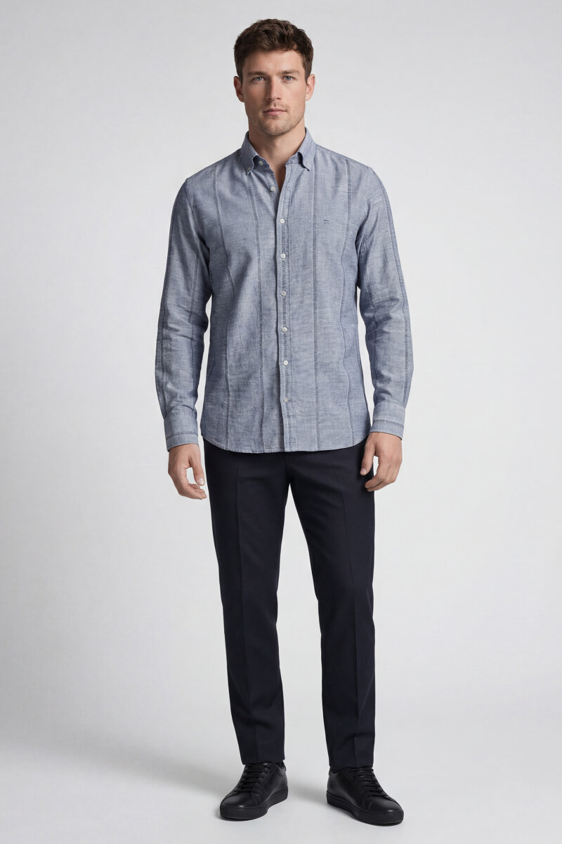 Regular Fit Uzun Kol Keten Paşa Yaka Lacivert Erkek Gömlek - 1