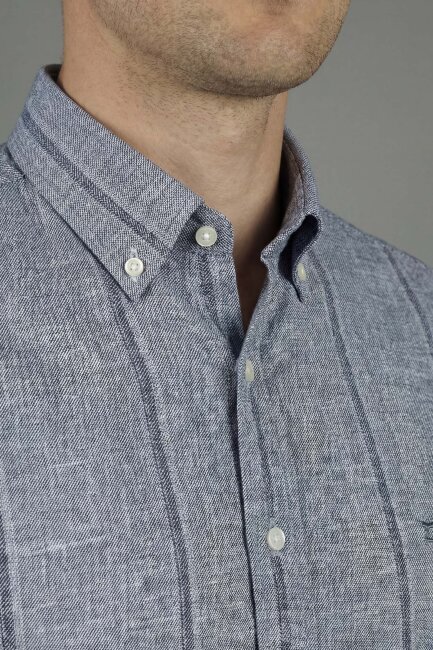 Regular Fit Uzun Kol Keten Paşa Yaka Lacivert Erkek Gömlek - 4