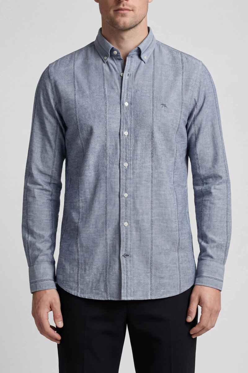 Regular Fit Uzun Kol Keten Paşa Yaka Lacivert Erkek Gömlek - 5