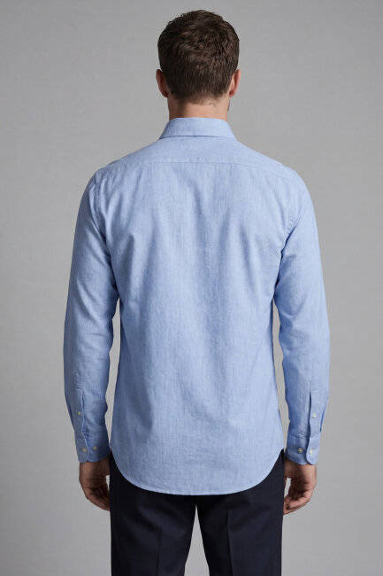 Regular Fit Uzun Kol Keten Paşa Yaka Mavi Erkek Gömlek (1)