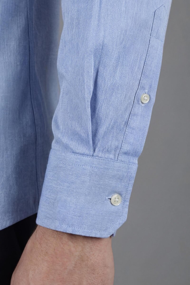 Regular Fit Uzun Kol Keten Paşa Yaka Mavi Erkek Gömlek - 3