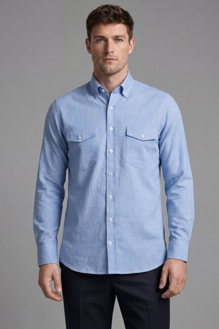 Regular Fit Uzun Kol Keten Paşa Yaka Mavi Erkek Gömlek