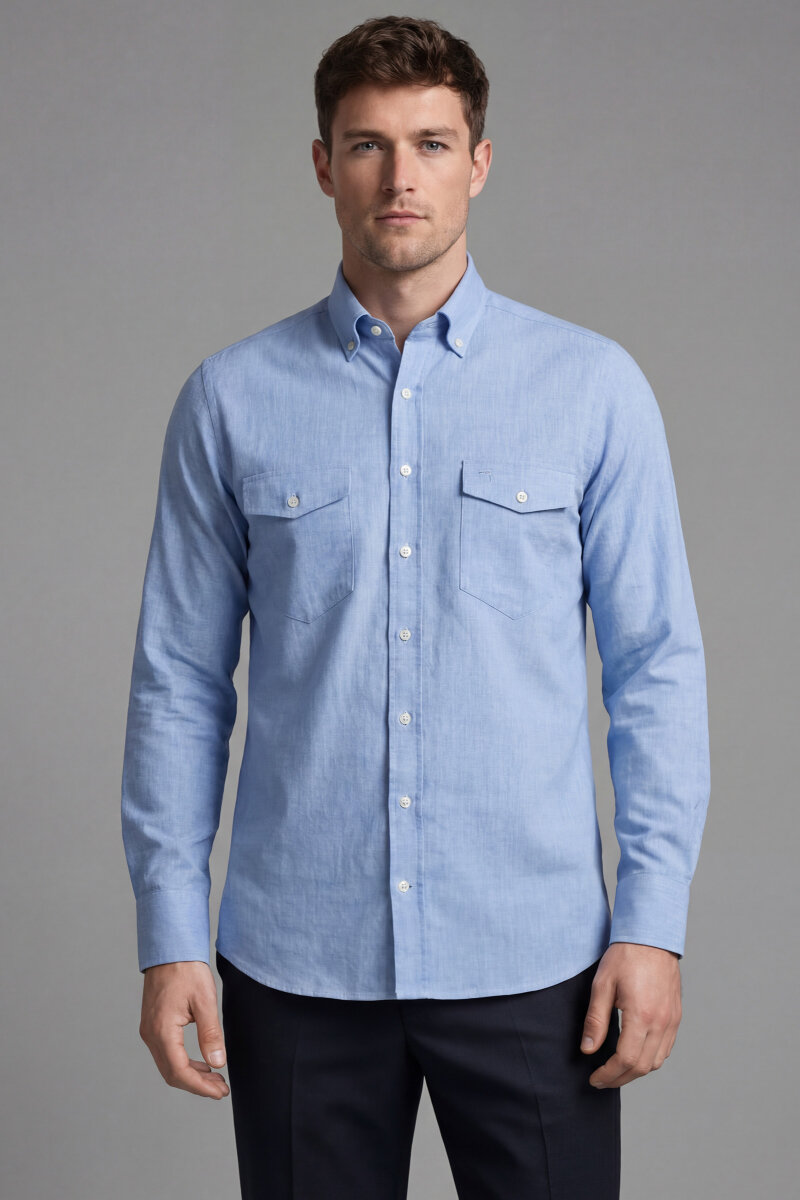 Regular Fit Uzun Kol Keten Paşa Yaka Mavi Erkek Gömlek - 1