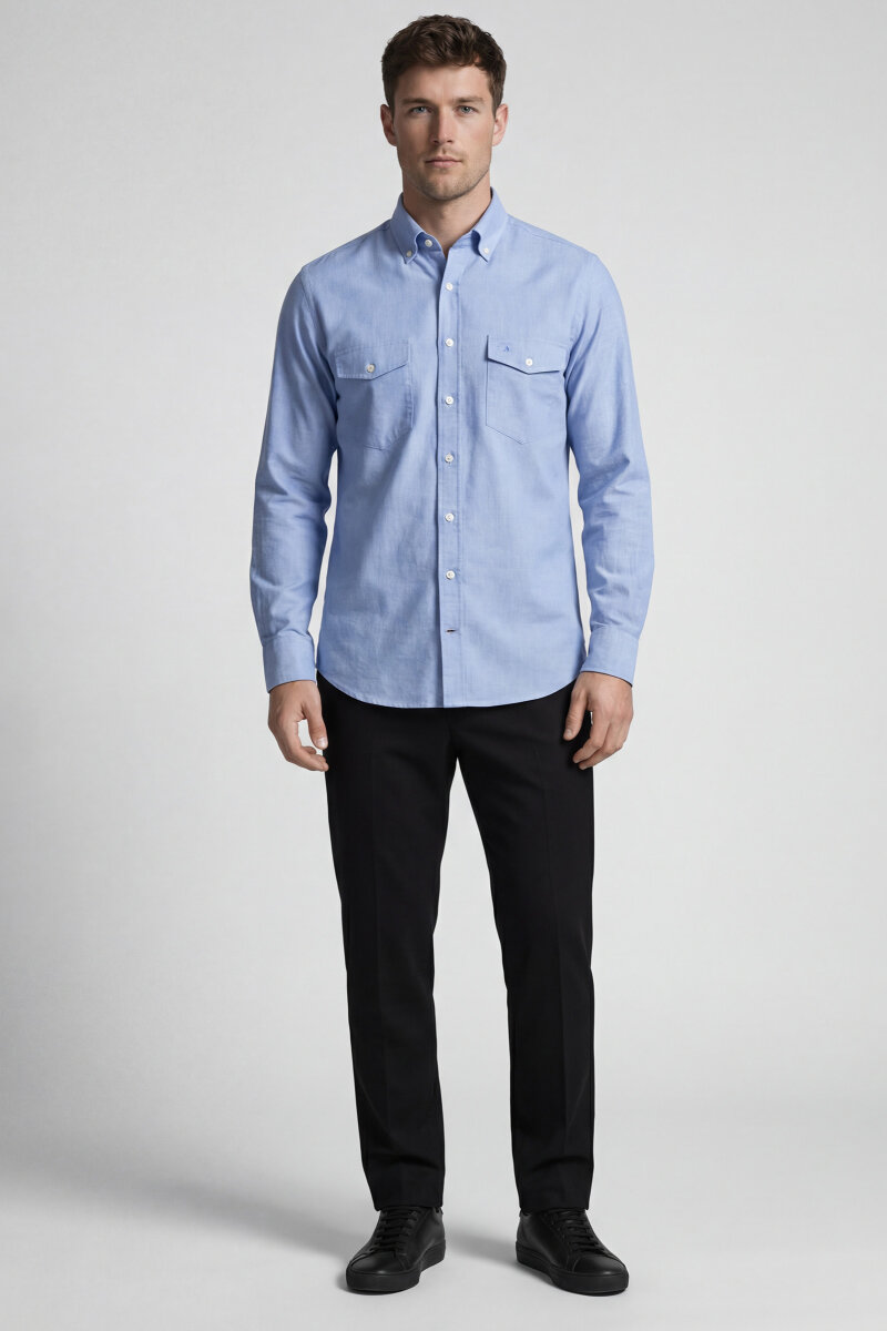 Regular Fit Uzun Kol Keten Paşa Yaka Mavi Erkek Gömlek - 5