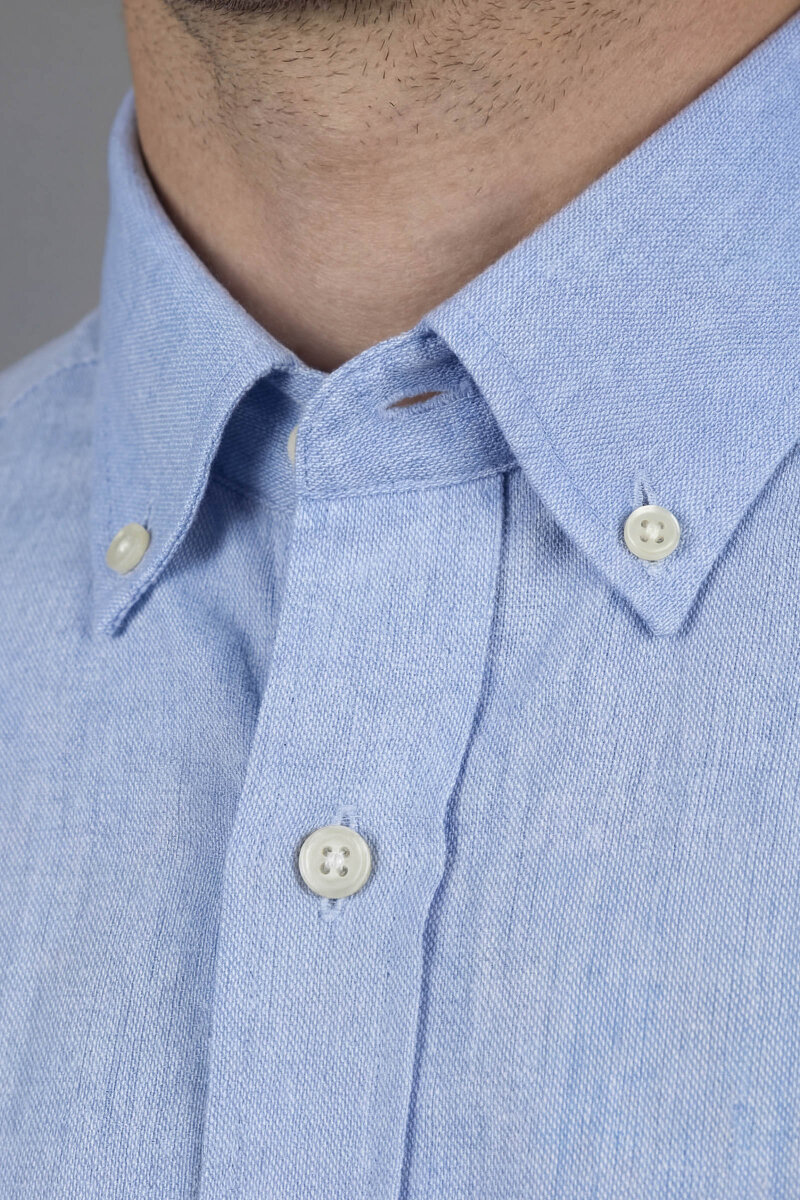 Regular Fit Uzun Kol Keten Paşa Yaka Mavi Erkek Gömlek - 4