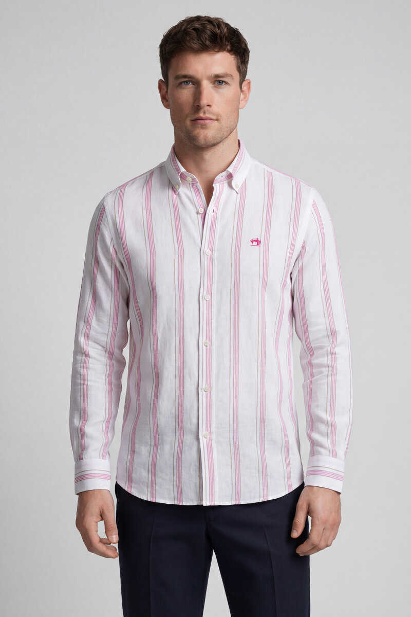 Regular Fit Uzun Kol Keten Paşa Yaka Pembe Erkek Gömlek - 1