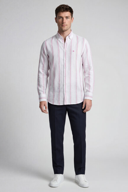 Regular Fit Uzun Kol Keten Paşa Yaka Pembe Erkek Gömlek - 3