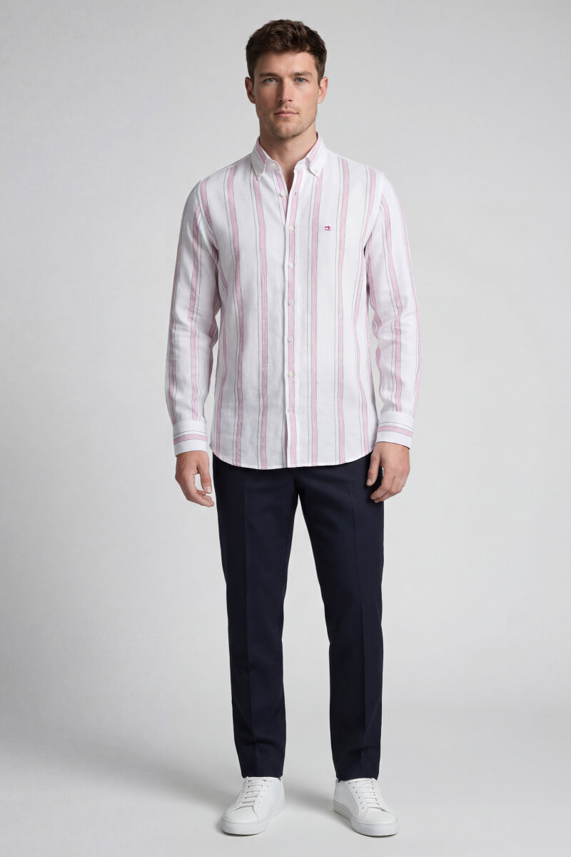 Regular Fit Uzun Kol Keten Paşa Yaka Pembe Erkek Gömlek - 3