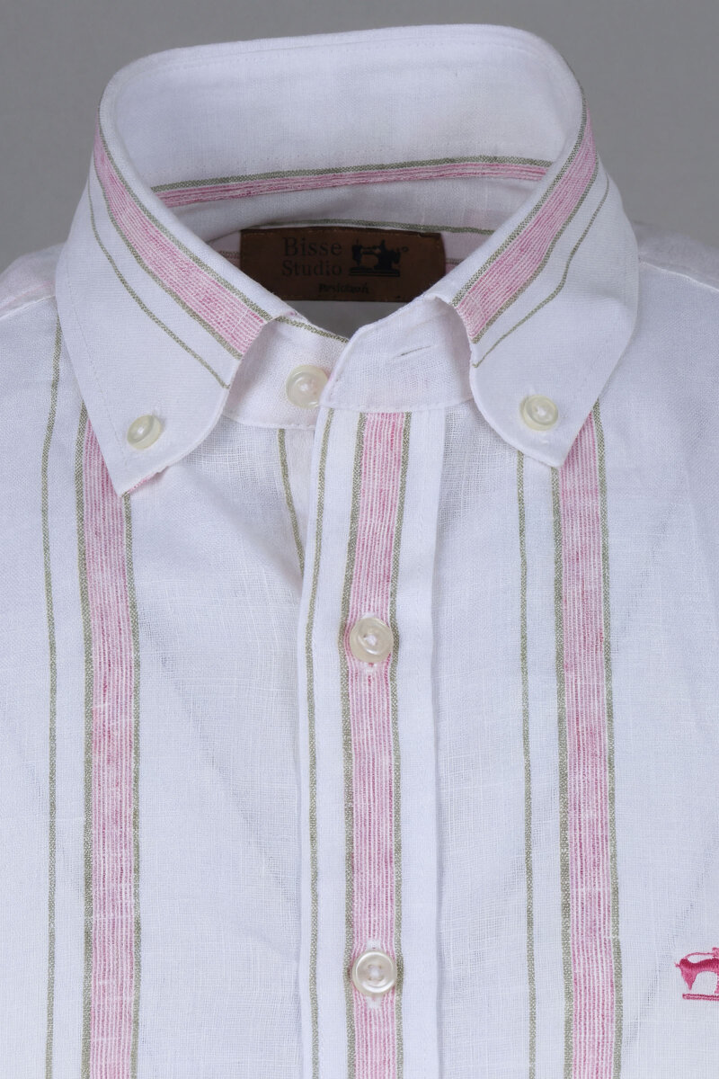 Regular Fit Uzun Kol Keten Paşa Yaka Pembe Erkek Gömlek - 4