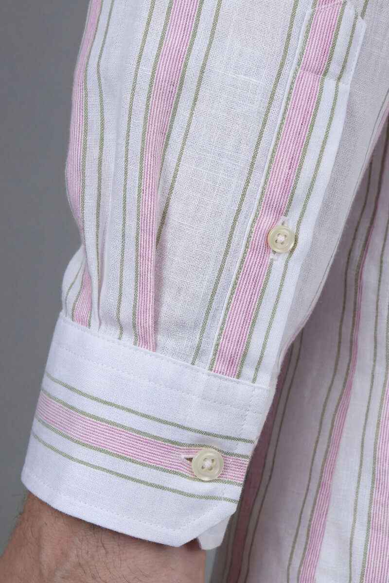 Regular Fit Uzun Kol Keten Paşa Yaka Pembe Erkek Gömlek - 5