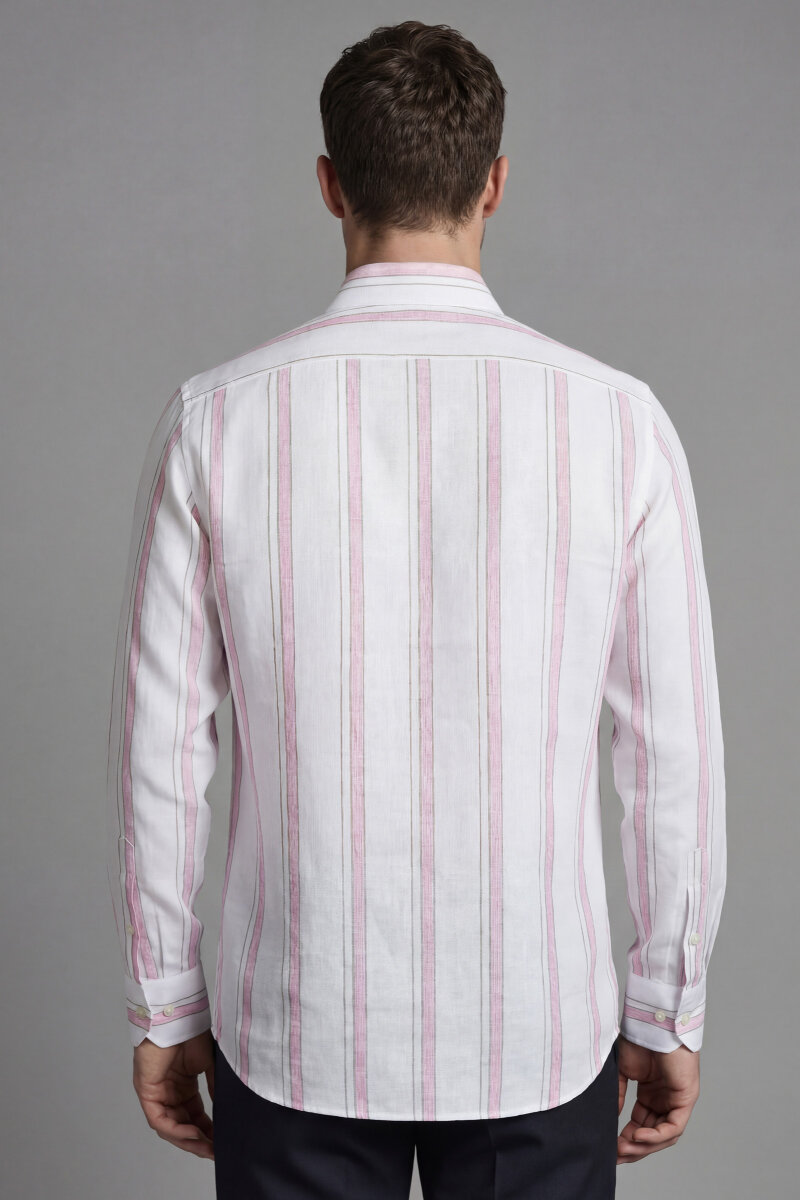 Regular Fit Uzun Kol Keten Paşa Yaka Pembe Erkek Gömlek - 2