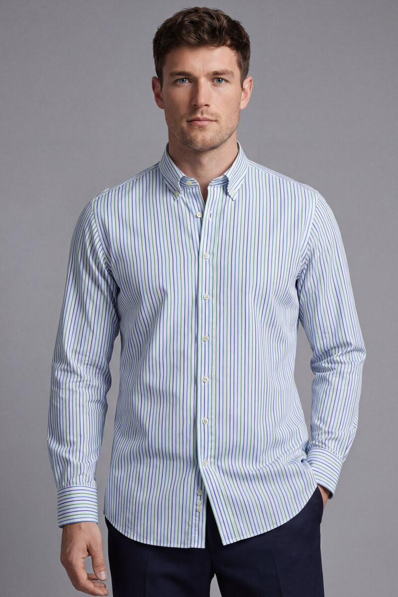 Regular Fit Uzun Kol Keten Paşa Yaka Turkuaz Erkek Gömlek - 1