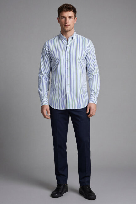 Regular Fit Uzun Kol Keten Paşa Yaka Turkuaz Erkek Gömlek - 3