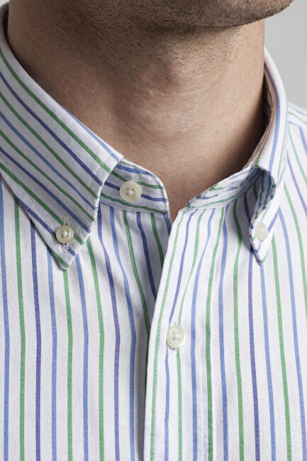 Regular Fit Uzun Kol Keten Paşa Yaka Turkuaz Erkek Gömlek - 4