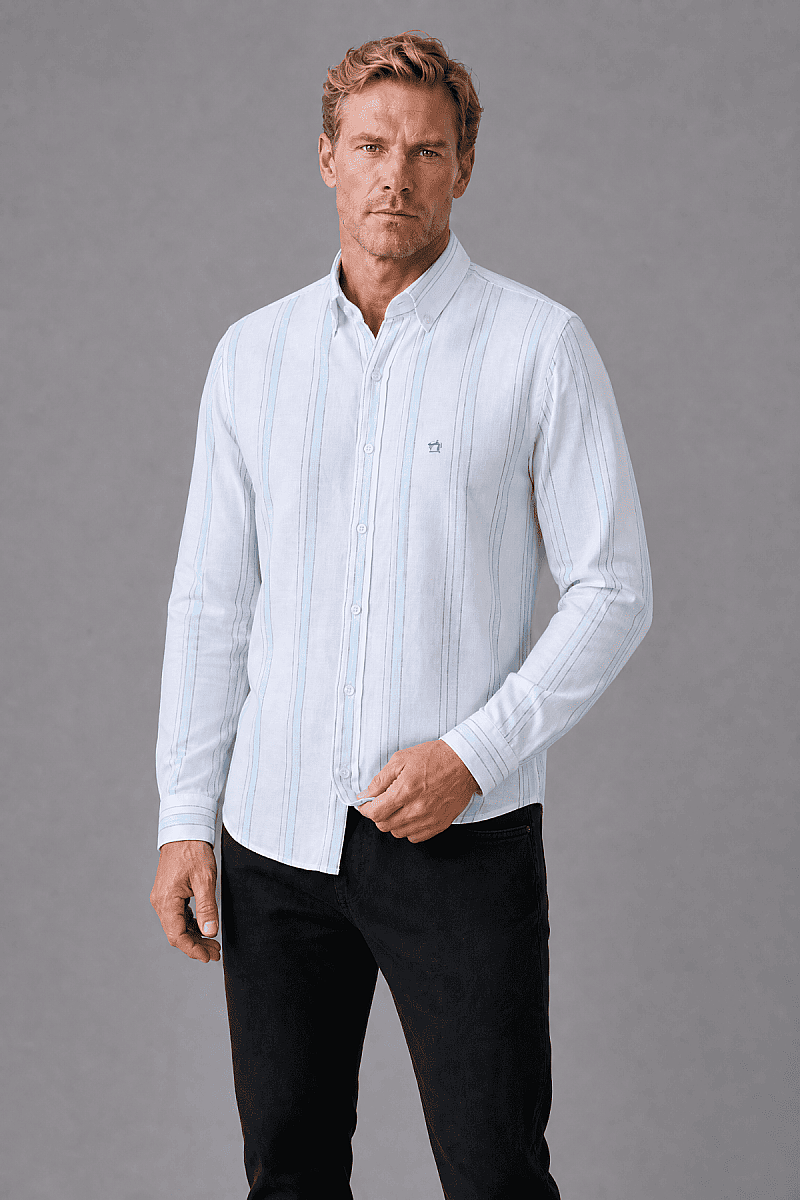 Regular Fit Cotton Linen Long Shawl Collar Turkuaz Shirt