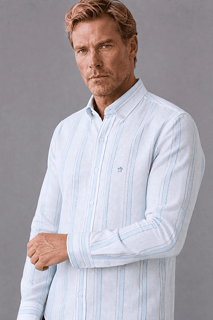 Regular Fit Cotton Linen Long Shawl Collar Turkuaz Shirt (4)