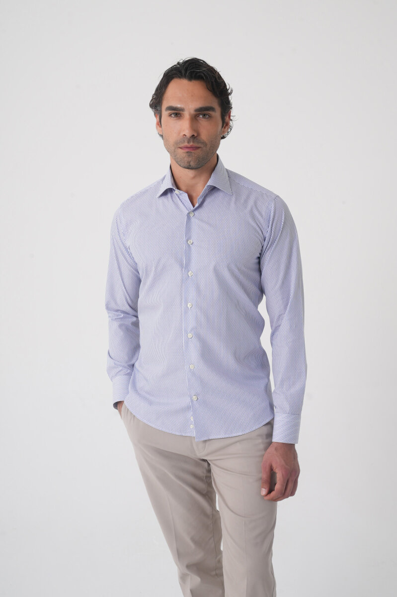 Regular Fit Uzun Kol Pamuk Mavi Erkek Gömlek - 4