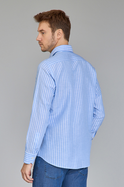 Regular Fit Uzun Kollu Açık Mavi Keten Pamuk Karışımlı Erkek Gömlek - 2