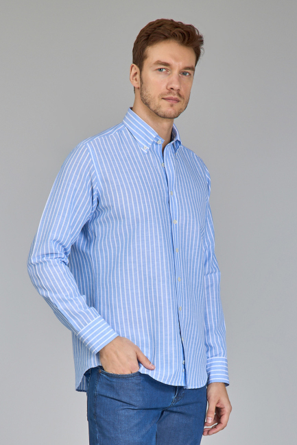 Regular Fit Uzun Kollu Açık Mavi Keten Pamuk Karışımlı Erkek Gömlek 