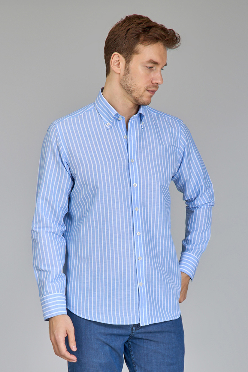 Regular Fit Uzun Kollu Açık Mavi Keten Pamuk Karışımlı Erkek Gömlek - 3