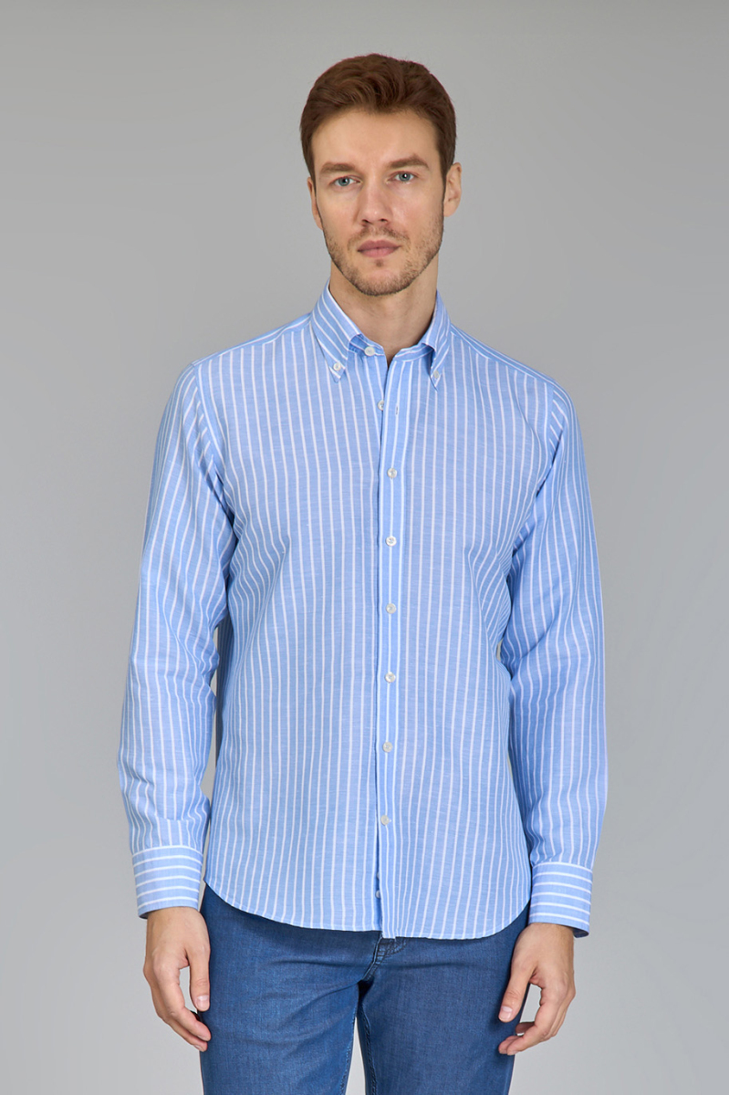 Regular Fit Uzun Kollu Açık Mavi Keten Pamuk Karışımlı Erkek Gömlek - 4