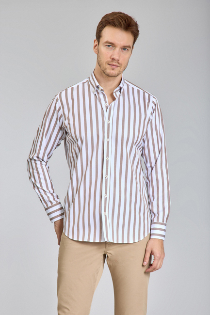 Regular Fit Uzun Kollu Kahve Pamuk Erkek Gömlek 