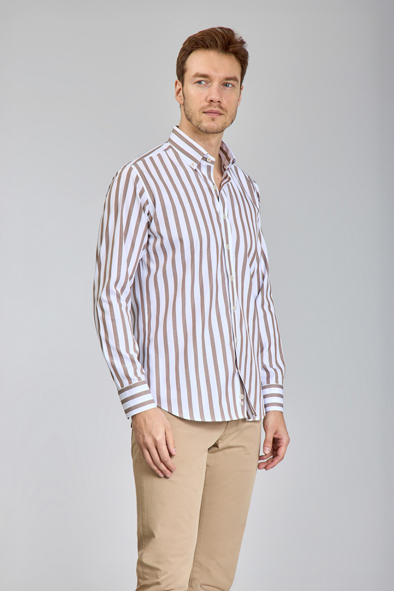 Regular Fit Uzun Kollu Kahve Pamuk Erkek Gömlek - 2