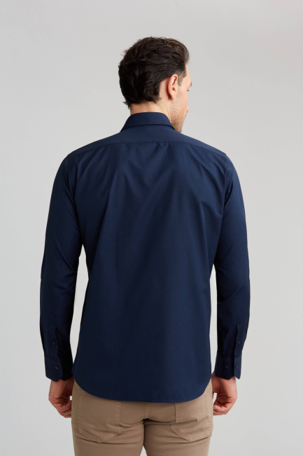Regular Fit Uzun Kollu Lacivert Basic Erkek Gömlek - 2