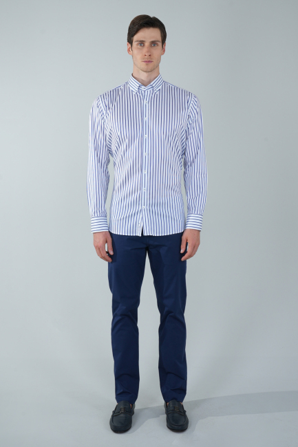 Regular Fit Uzun Kollu Lacivert Pamuk Erkek Gömlek - 5