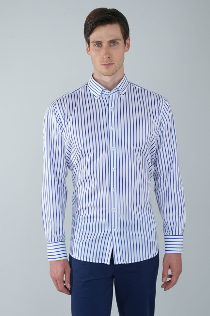 Regular Fit Uzun Kollu Lacivert Pamuk Erkek Gömlek - 1