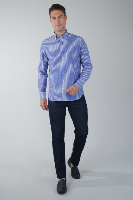 Regular Fit Uzun Kollu Lacivert Pamuk Keten Erkek Gömlek - 5