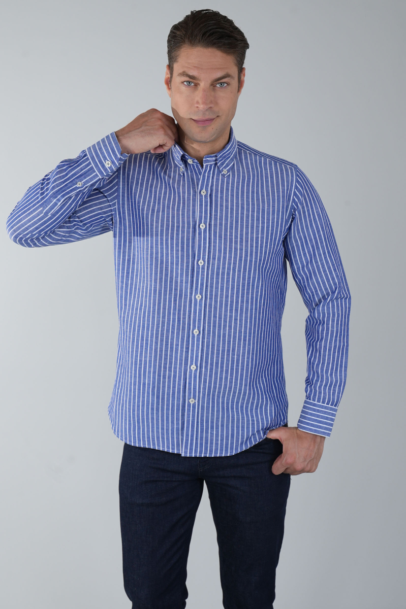 Regular Fit Uzun Kollu Lacivert Pamuk Keten Erkek Gömlek - 1