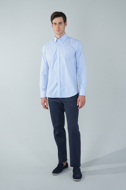 Regular Fit Uzun Kollu Mavi Pamuk Erkek Gömlek - 5