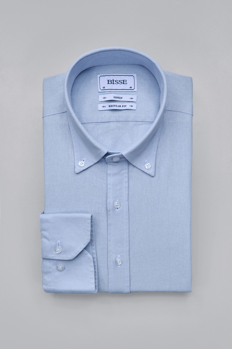 Regular Fit Uzun Kollu Mavi Keten Erkek Gömlek - 3