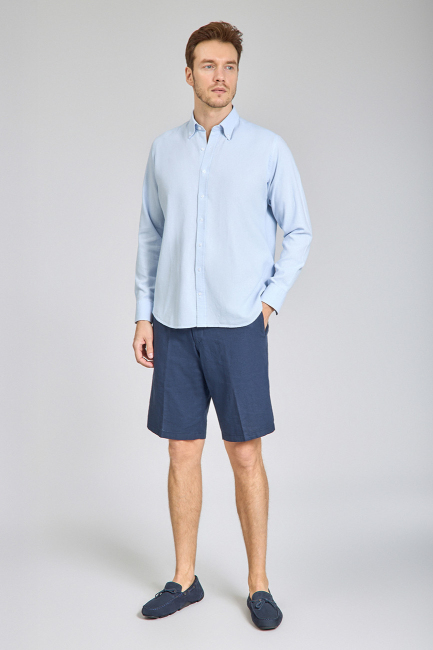 Regular Fit Uzun Kollu Mavi Keten Erkek Gömlek (1)