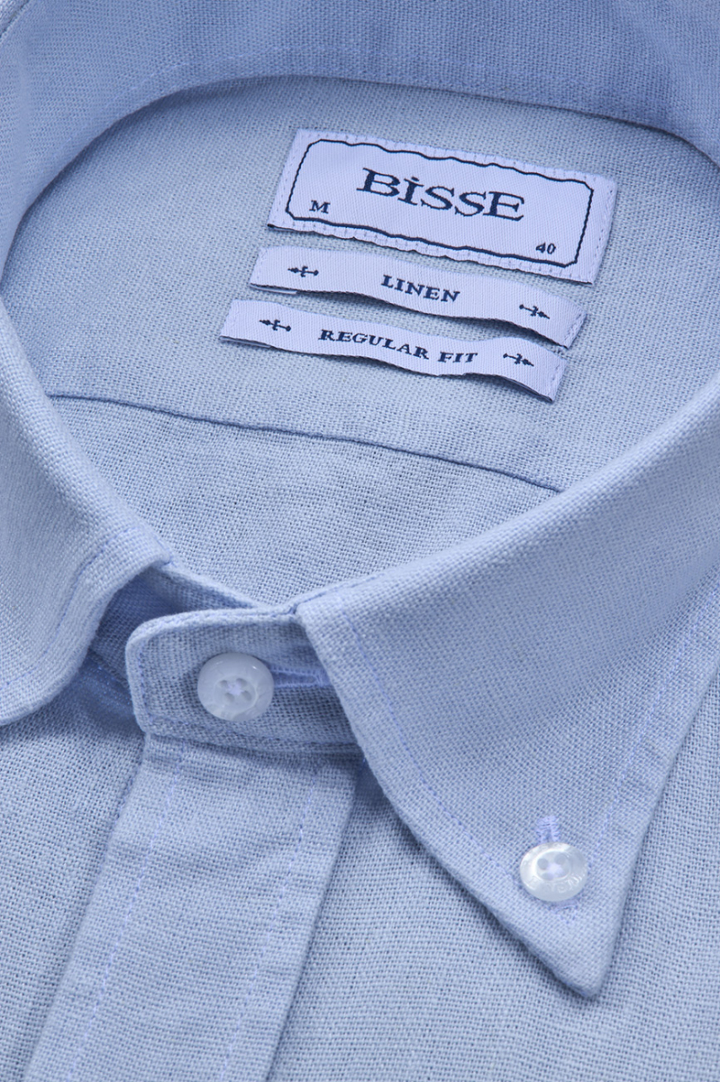 Regular Fit Uzun Kollu Mavi Keten Erkek Gömlek - 4