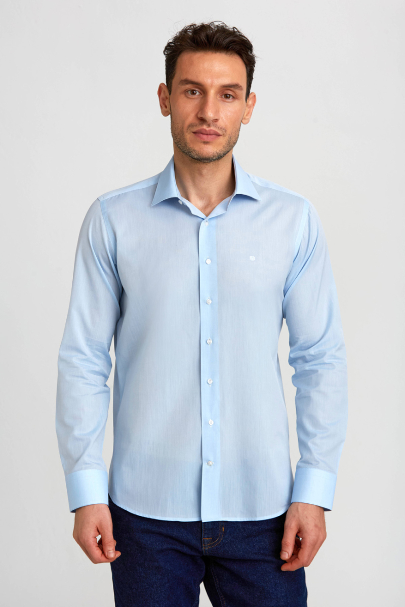 Regular Fit Uzun Kollu Mavi Klasik Erkek Gömlek - 1