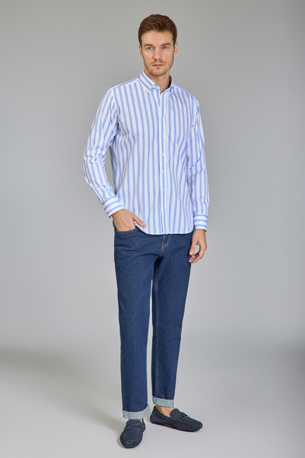 Regular Fit Uzun Kollu Mavi Pamuk Erkek Gömlek - 4