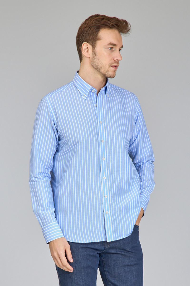 Regular Fit Uzun Kollu Mavi Pamuk Keten Erkek Gömlek - 3