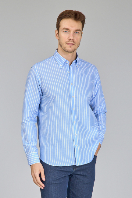 Regular Fit Uzun Kollu Mavi Pamuk Keten Erkek Gömlek - 4